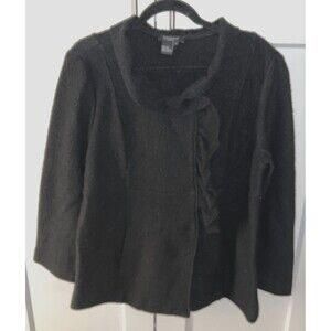 Sandro Large Black Boucle‎ 100% Wool Ruffle Sweater Cardigan Jacket Blazer